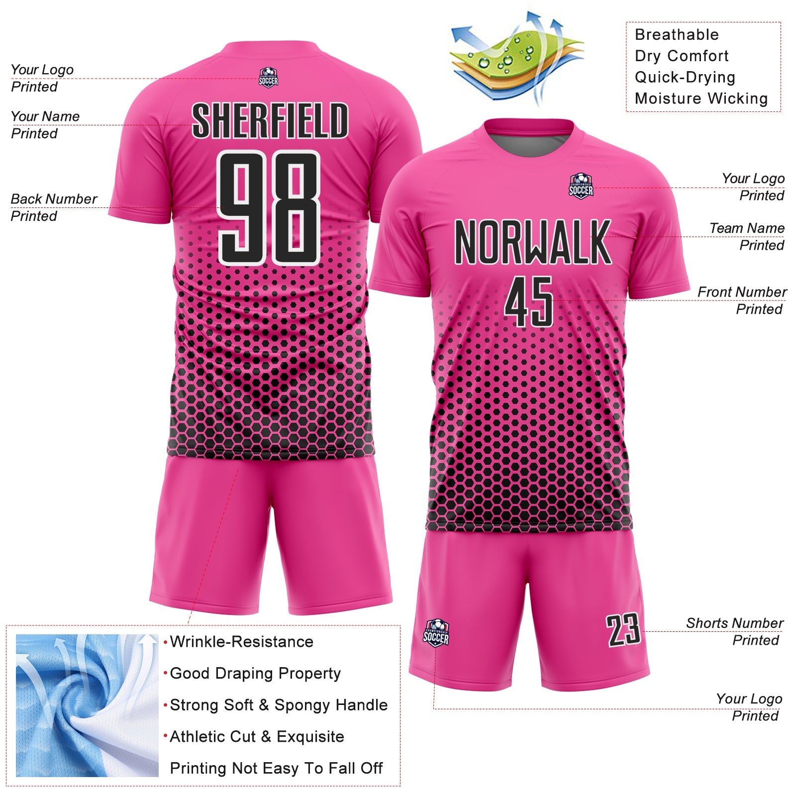 Custom Pink Black-White Geometric Hexagonal Dot Gradient Sublimation Soccer Uniform Jersey view 4