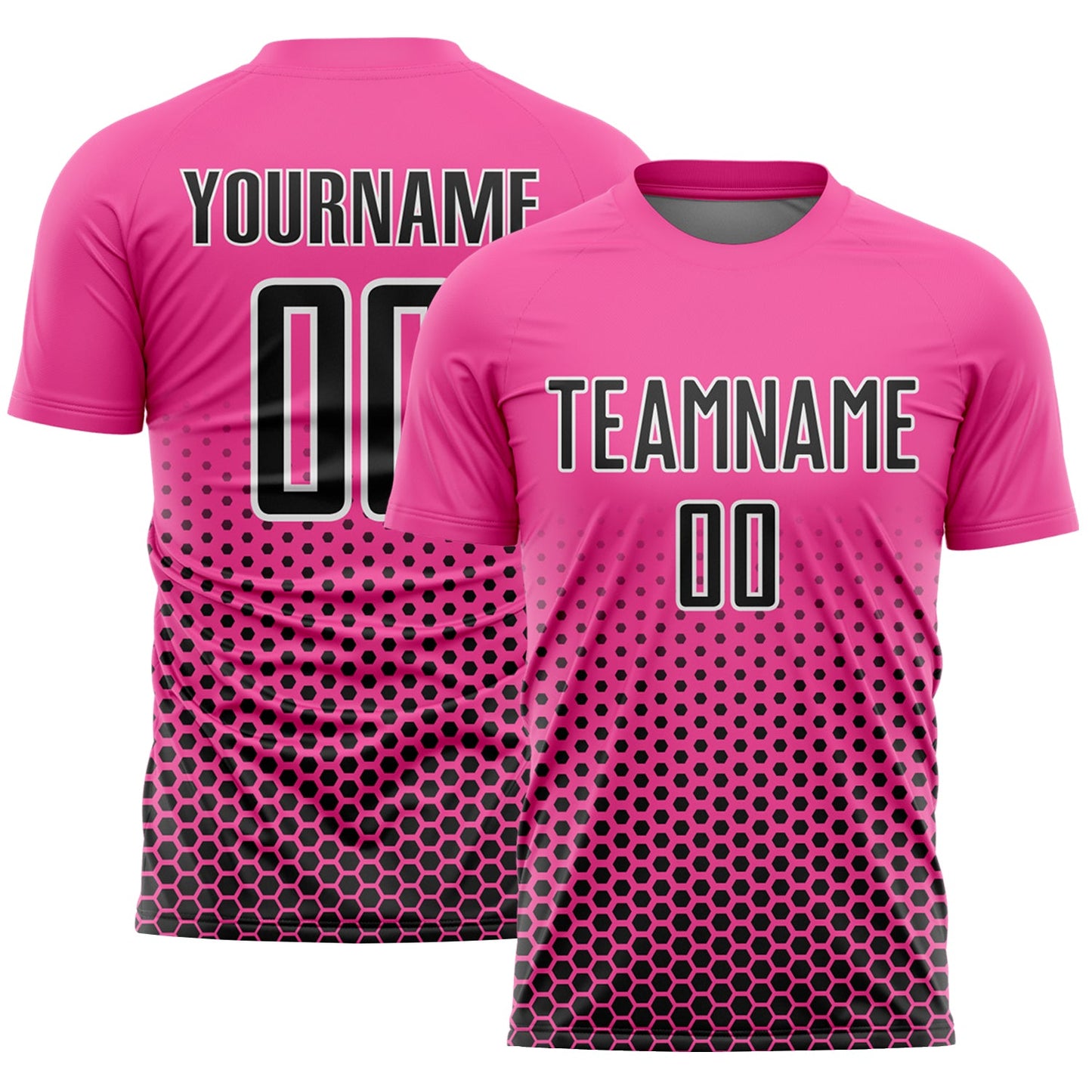Custom Pink Black-White Geometric Hexagonal Dot Gradient Sublimation Soccer Uniform Jersey - Main View