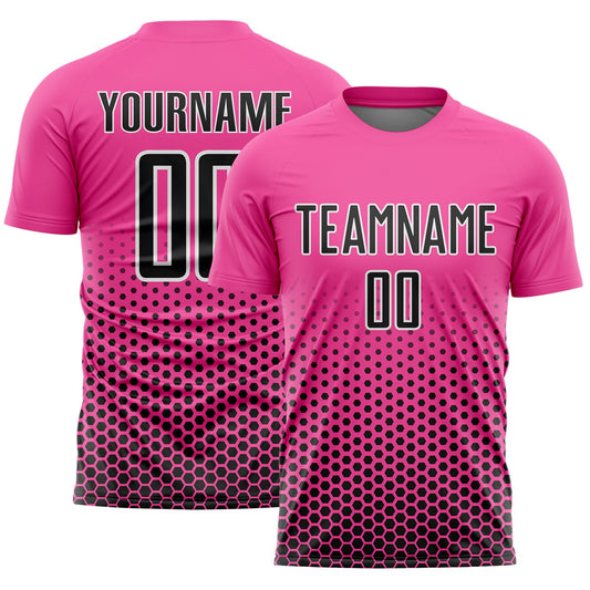 Custom Pink Black-White Geometric Hexagonal Dot Gradient Sublimation Soccer Uniform Jersey - Main View