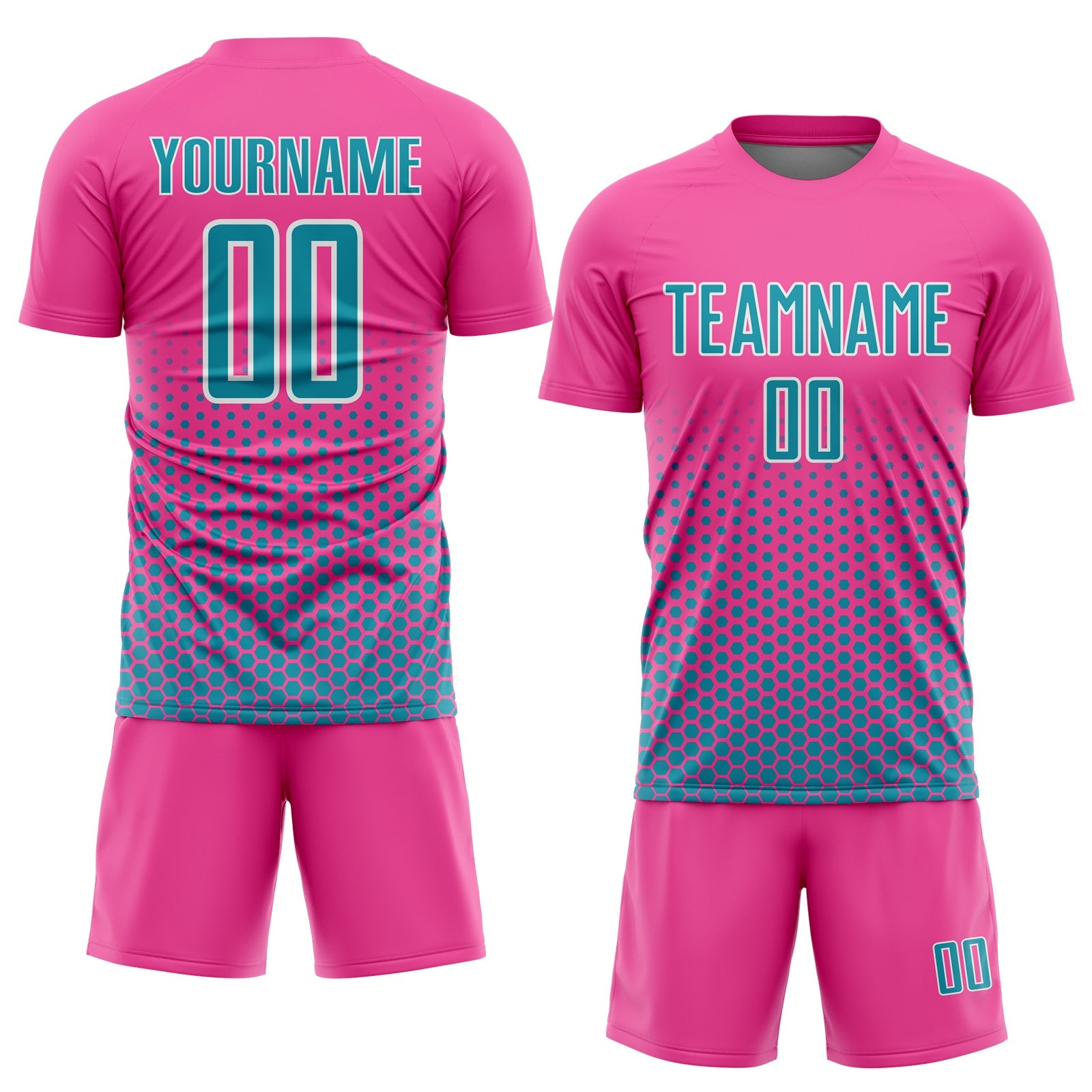 Custom Pink Teal-White Geometric Hexagonal Dot Gradient Sublimation Soccer Uniform Jersey view 2