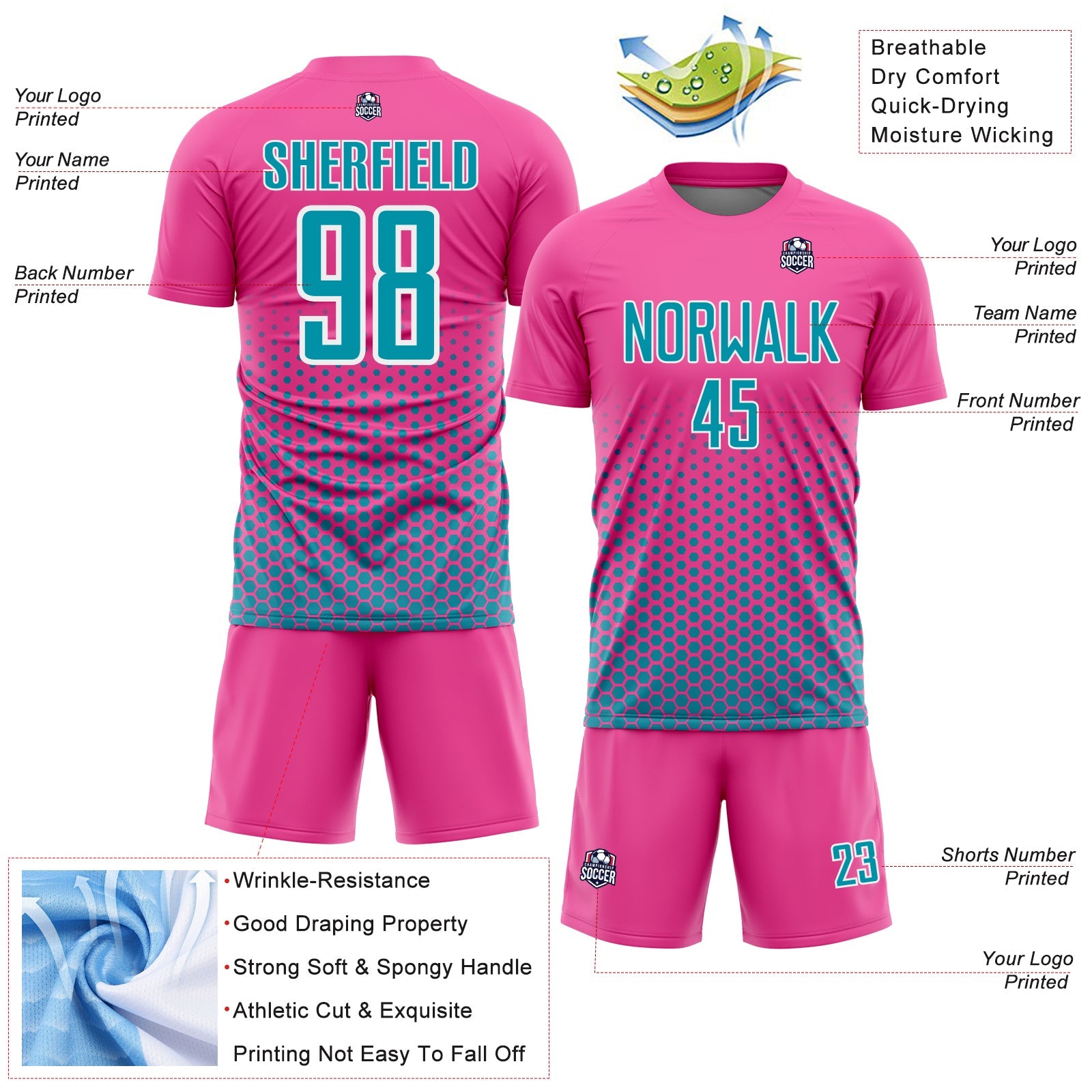 Custom Pink Teal-White Geometric Hexagonal Dot Gradient Sublimation Soccer Uniform Jersey view 4