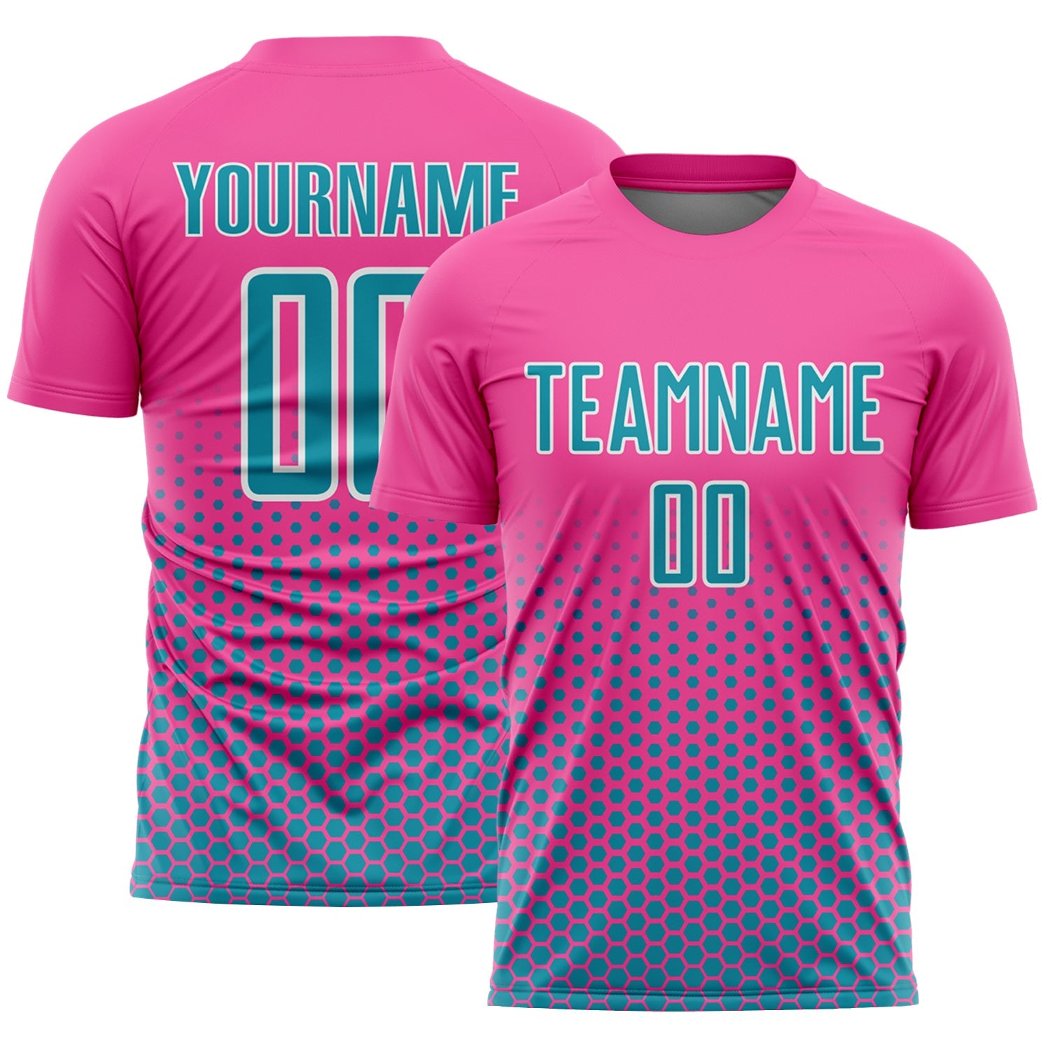 Custom Pink Teal-White Geometric Hexagonal Dot Gradient Sublimation Soccer Uniform Jersey - Main View
