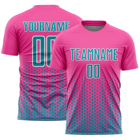 Custom Pink Teal-White Geometric Hexagonal Dot Gradient Sublimation Soccer Uniform Jersey - Main View