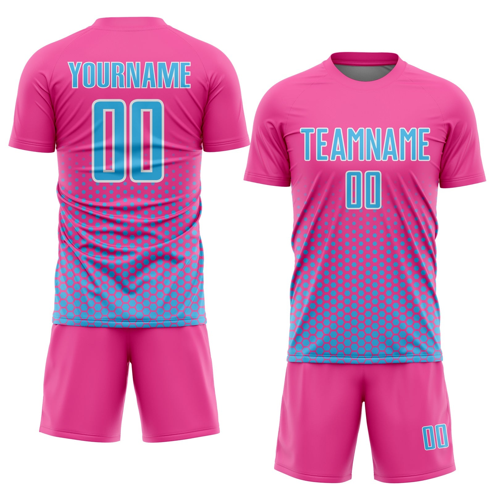 Custom Pink Sky Blue-White Geometric Hexagonal Dot Gradient Sublimation Soccer Uniform Jersey view 2