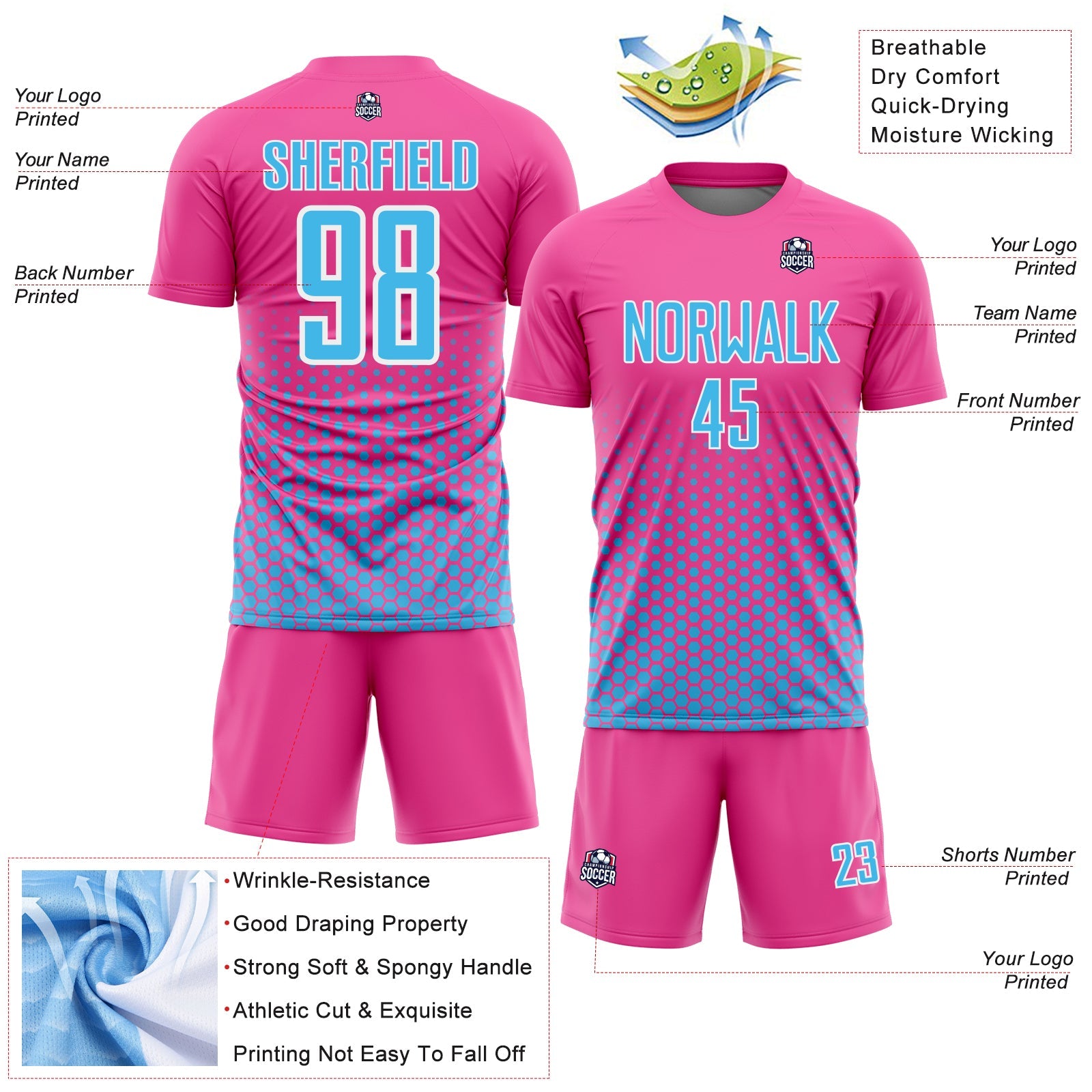 Custom Pink Sky Blue-White Geometric Hexagonal Dot Gradient Sublimation Soccer Uniform Jersey view 4