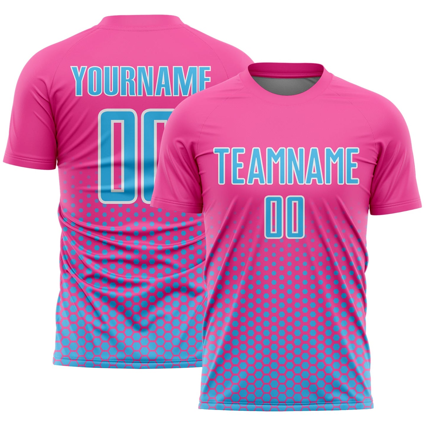 Custom Pink Sky Blue-White Geometric Hexagonal Dot Gradient Sublimation Soccer Uniform Jersey - Main View