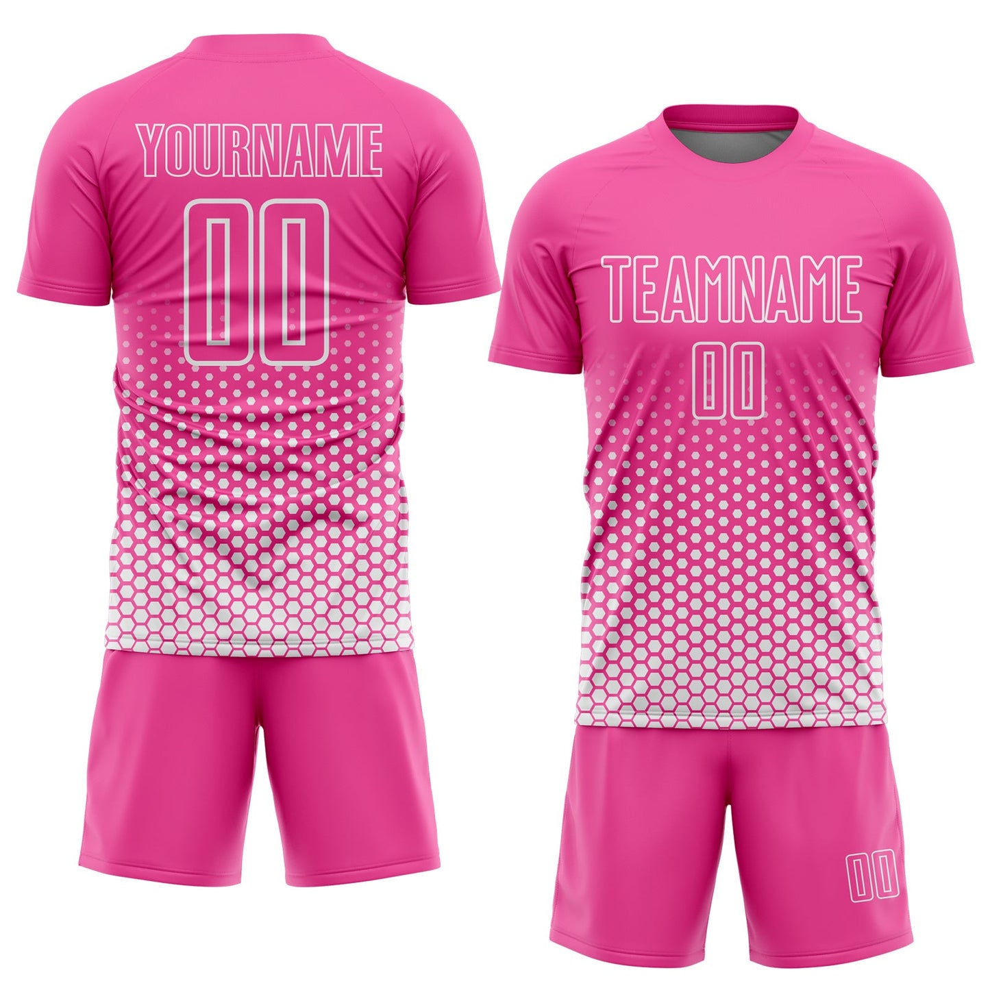 Custom Pink-White Geometric Hexagonal Dot Gradient Sublimation Soccer Uniform Jersey view 2