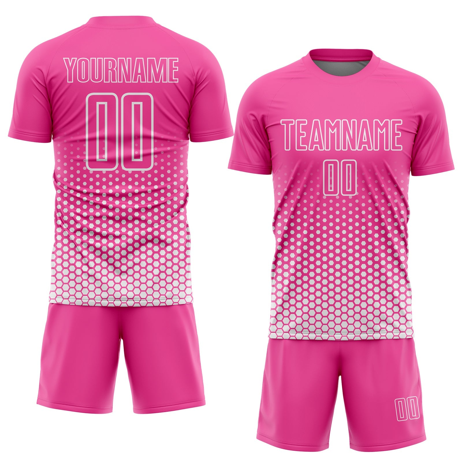 Custom Pink-White Geometric Hexagonal Dot Gradient Sublimation Soccer Uniform Jersey view 2