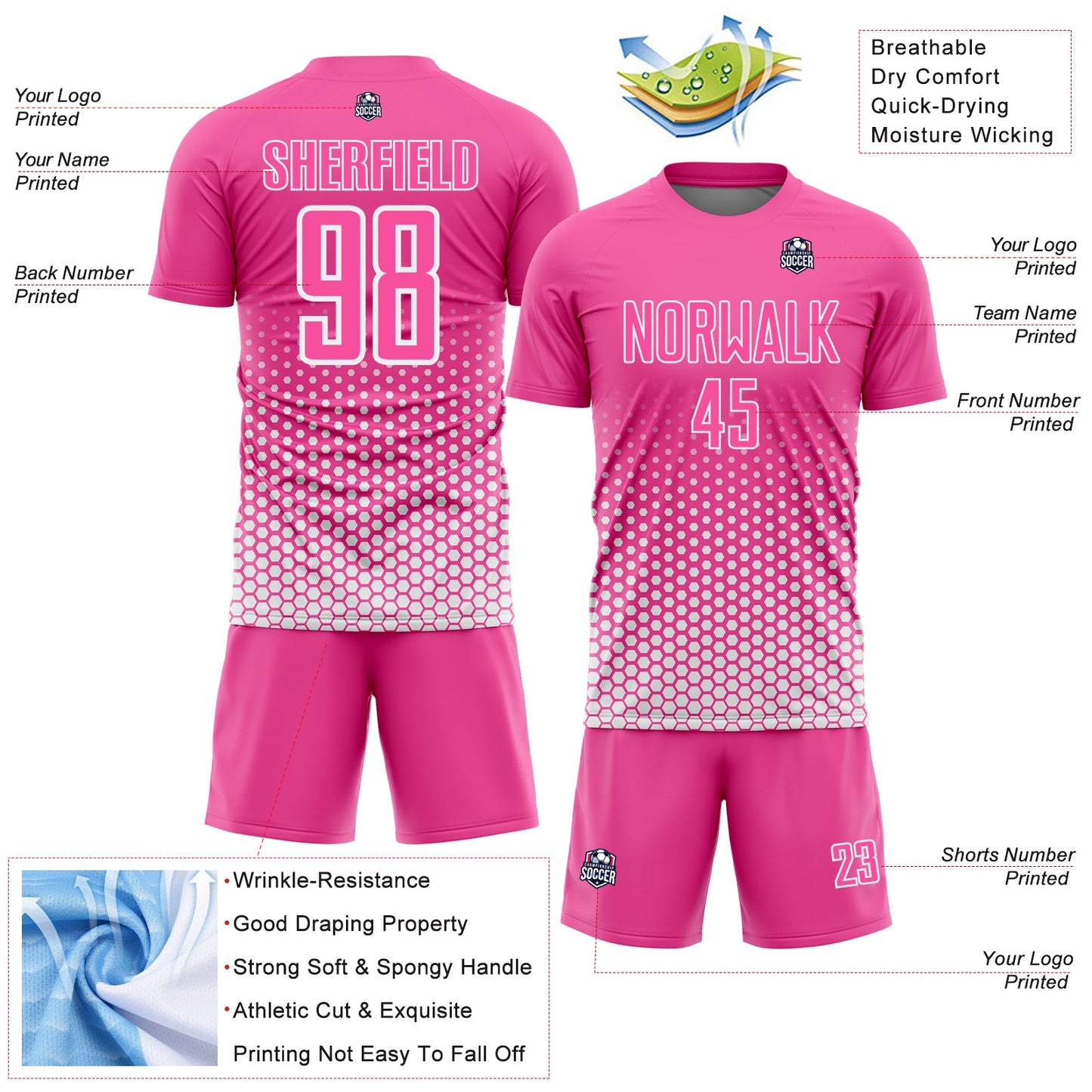Custom Pink-White Geometric Hexagonal Dot Gradient Sublimation Soccer Uniform Jersey view 4
