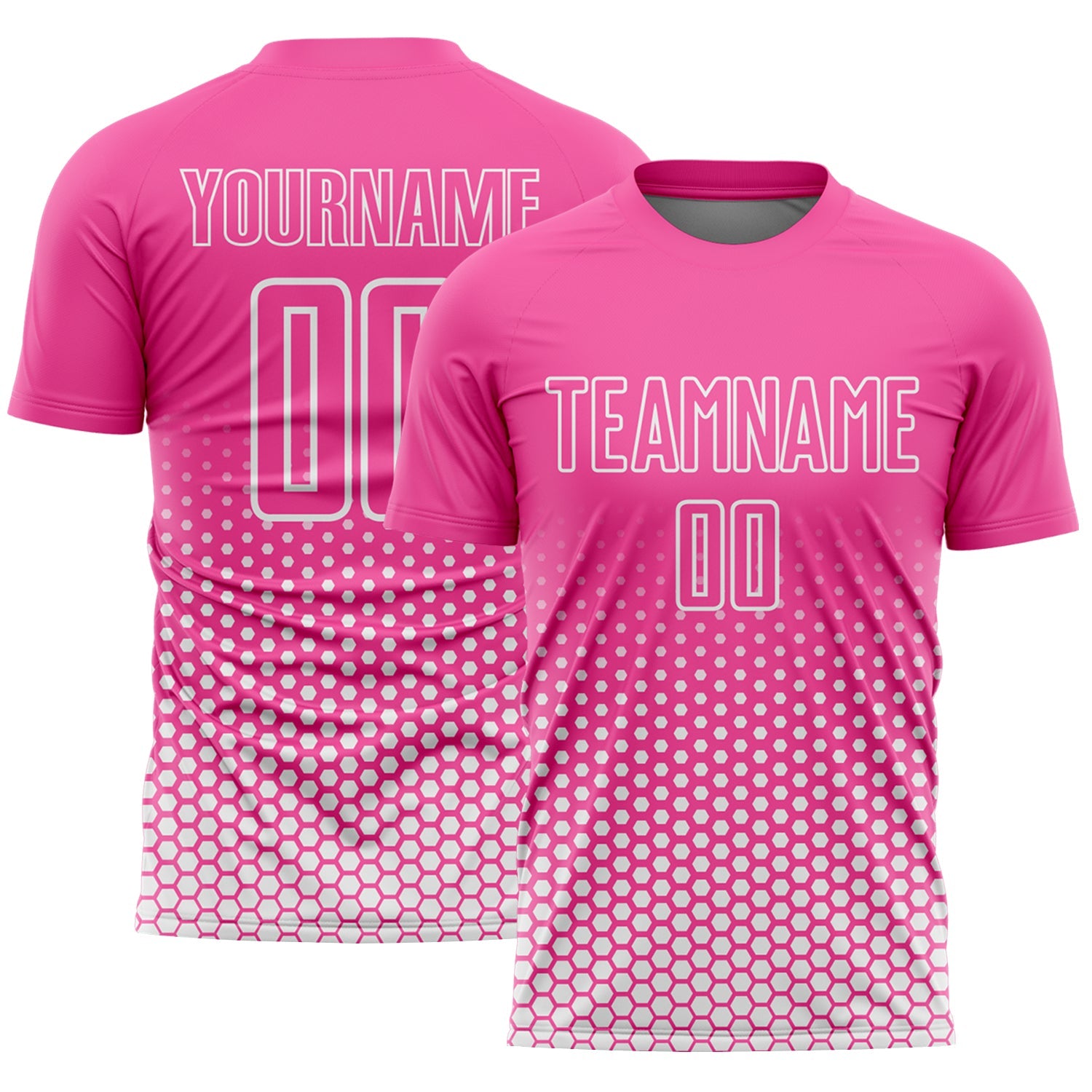 Custom Pink-White Geometric Hexagonal Dot Gradient Sublimation Soccer Uniform Jersey - Main View