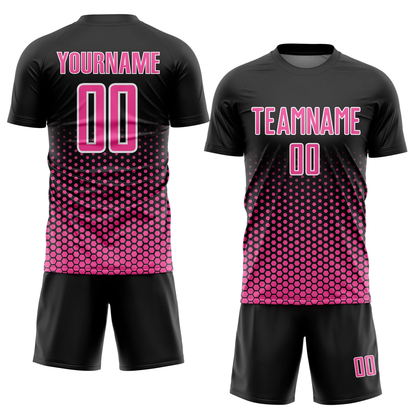 Custom Black Pink-White Geometric Hexagonal Dot Gradient Sublimation Soccer Uniform Jersey view 2