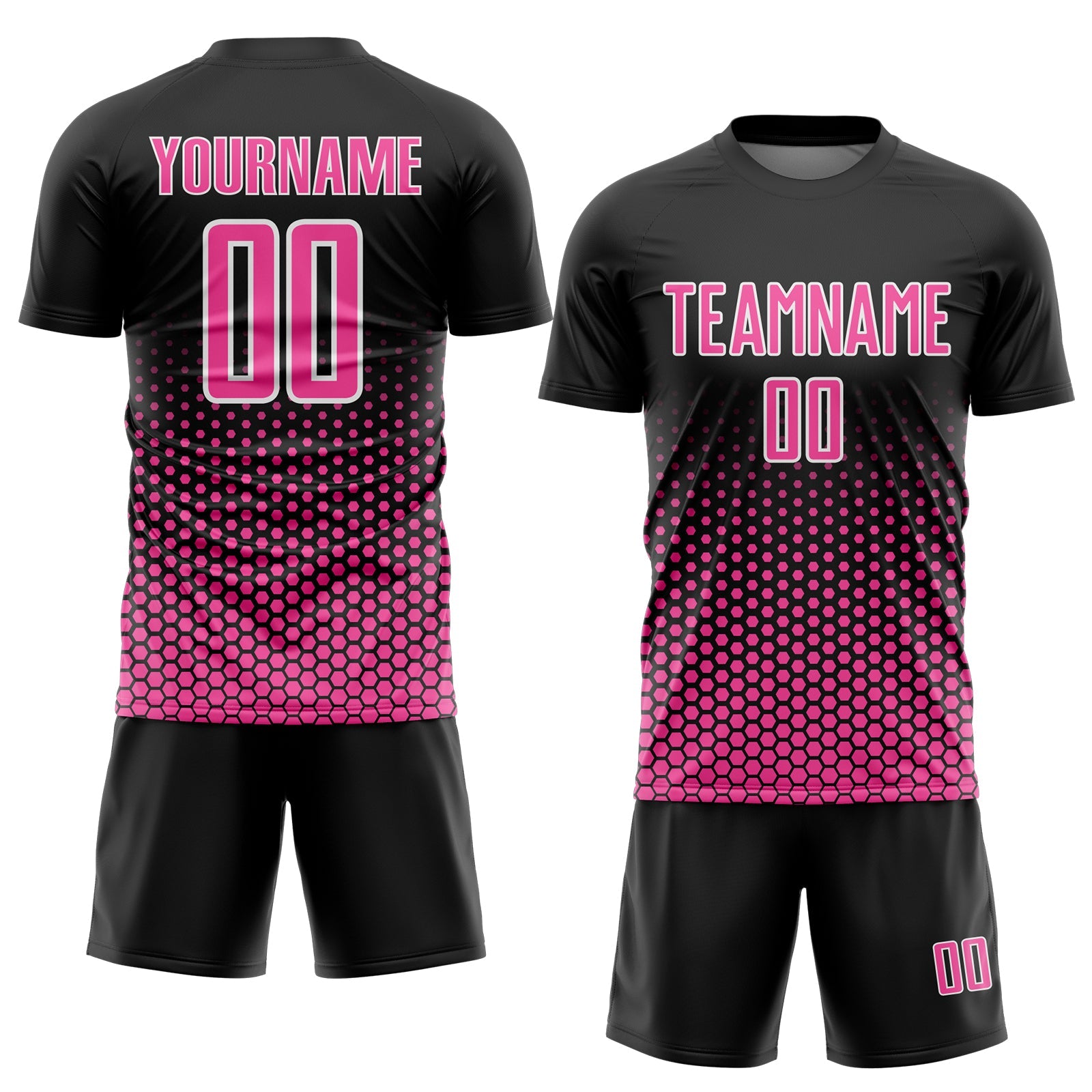 Custom Black Pink-White Geometric Hexagonal Dot Gradient Sublimation Soccer Uniform Jersey view 2