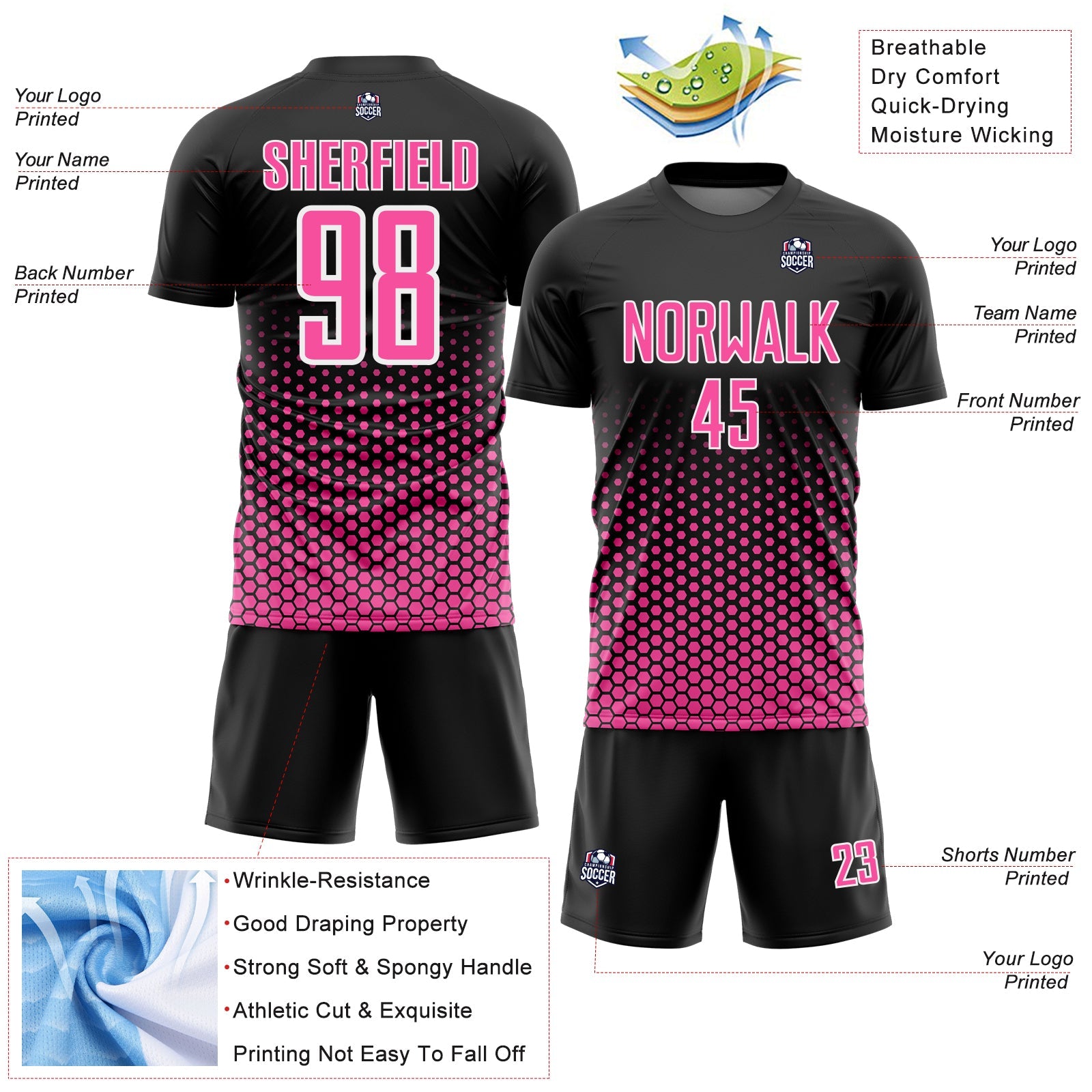Custom Black Pink-White Geometric Hexagonal Dot Gradient Sublimation Soccer Uniform Jersey view 4