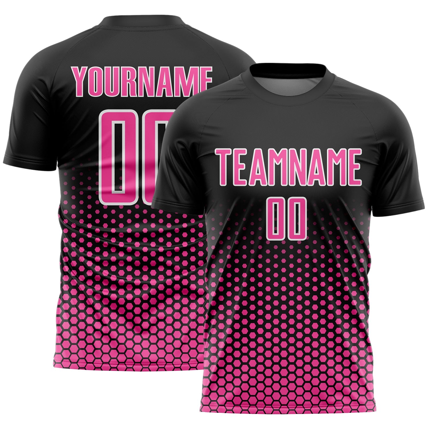 Custom Black Pink-White Geometric Hexagonal Dot Gradient Sublimation Soccer Uniform Jersey - Main View