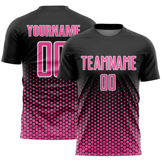 Custom Black Pink-White Geometric Hexagonal Dot Gradient Sublimation Soccer Uniform Jersey - Main View
