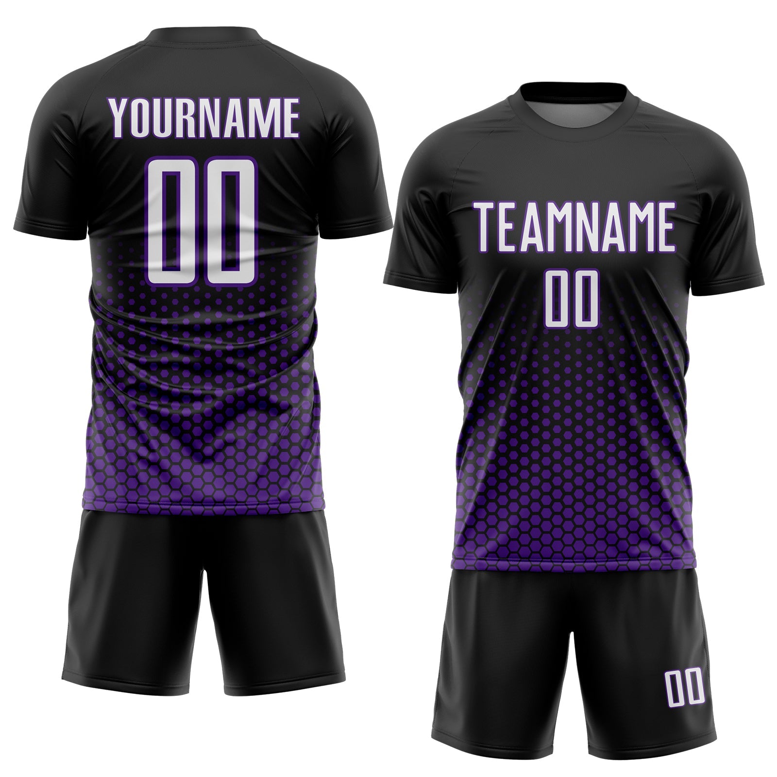 Custom Black White-Purple Geometric Hexagonal Dot Gradient Sublimation Soccer Uniform Jersey view 2