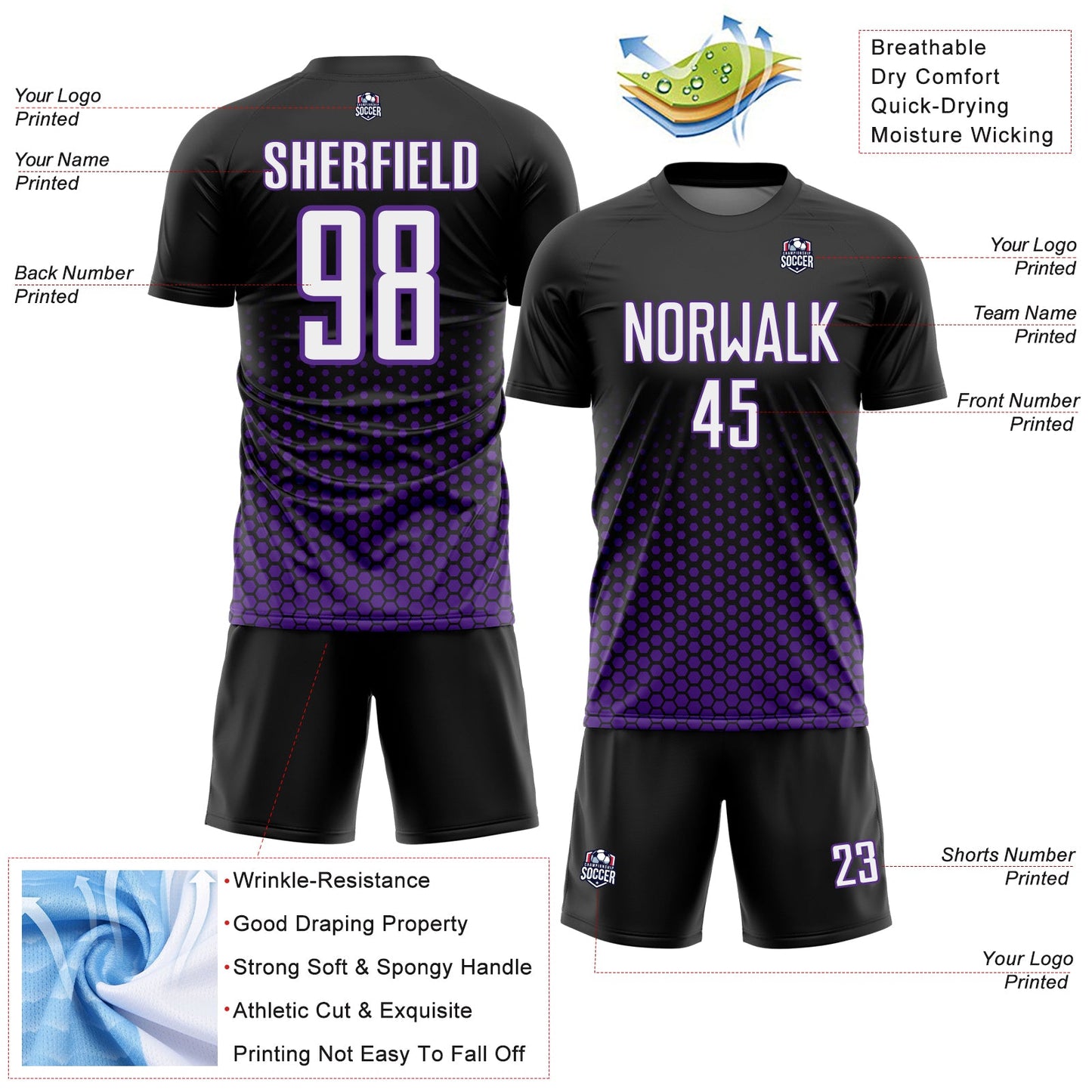 Custom Black White-Purple Geometric Hexagonal Dot Gradient Sublimation Soccer Uniform Jersey view 4