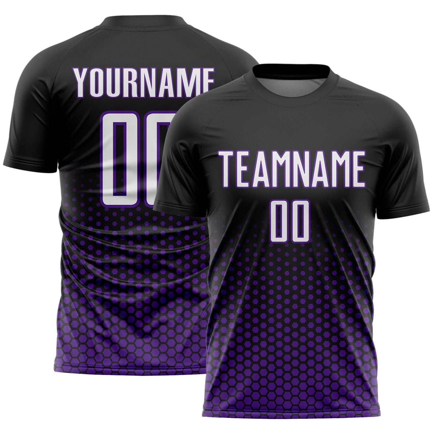 Custom Black White-Purple Geometric Hexagonal Dot Gradient Sublimation Soccer Uniform Jersey - Main View