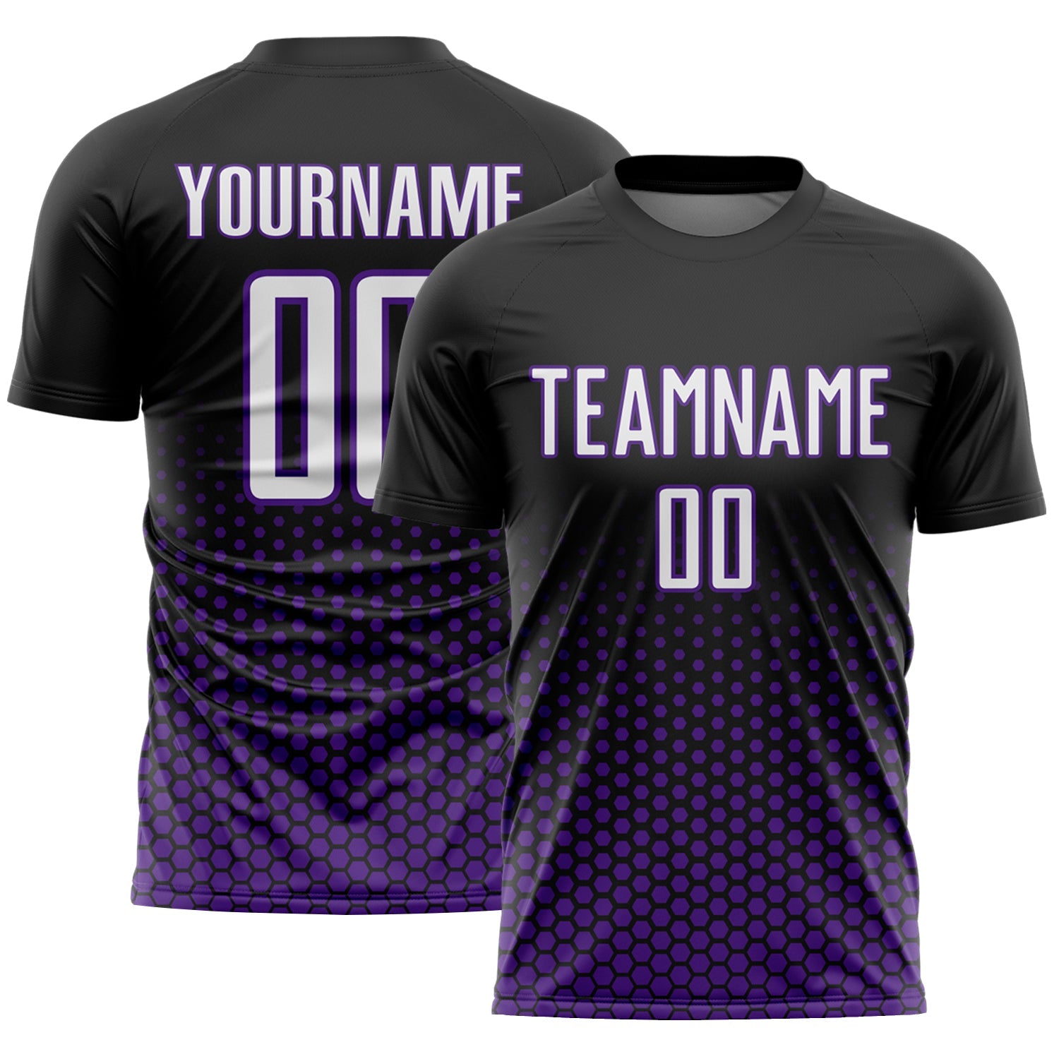 Custom Black White-Purple Geometric Hexagonal Dot Gradient Sublimation Soccer Uniform Jersey - Main View