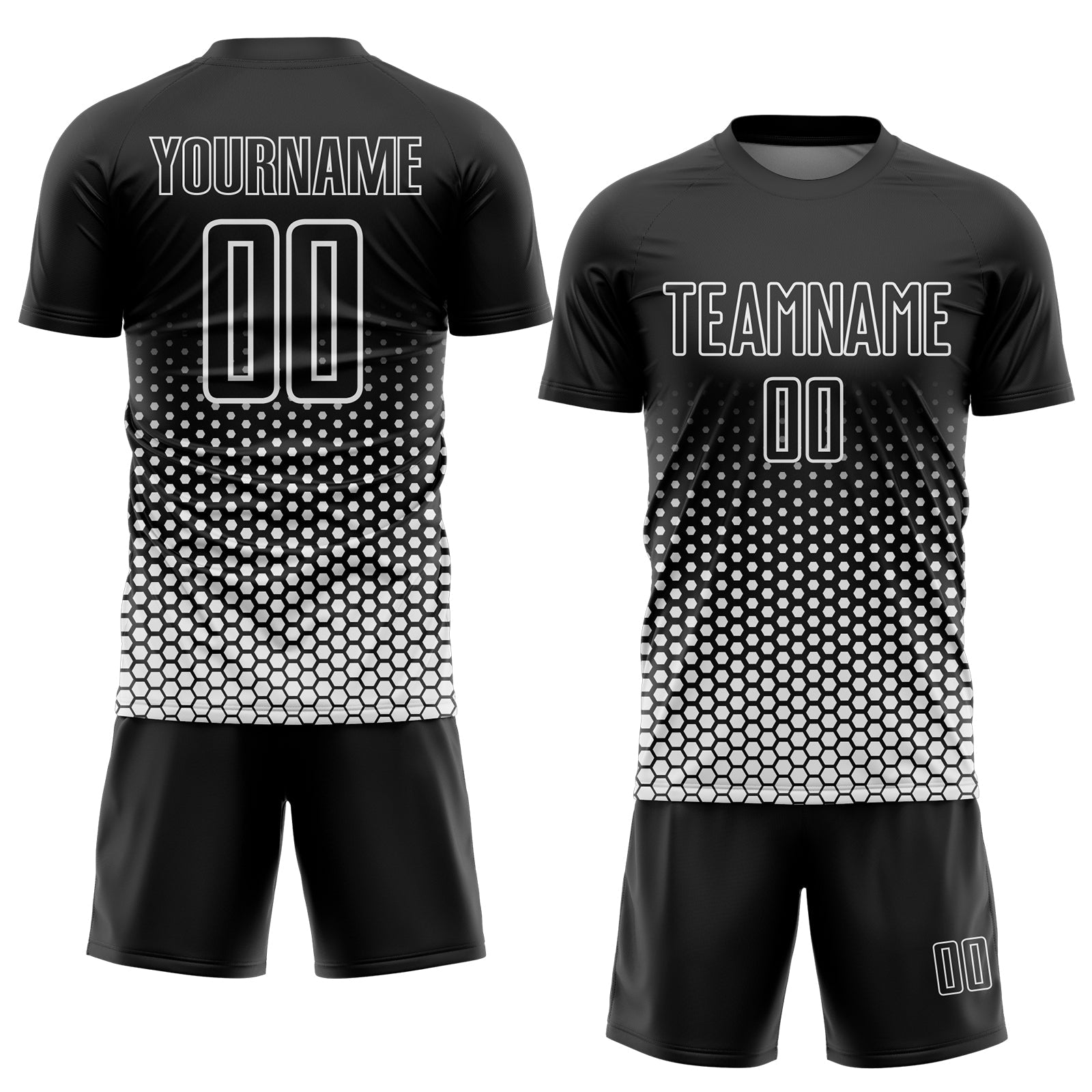 Custom Black-White Geometric Hexagonal Dot Gradient Sublimation Soccer Uniform Jersey view 2