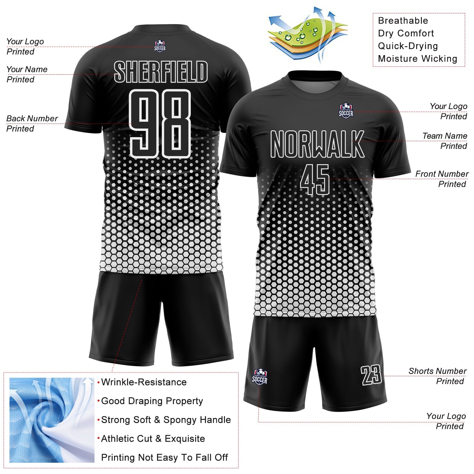 Custom Black-White Geometric Hexagonal Dot Gradient Sublimation Soccer Uniform Jersey view 4