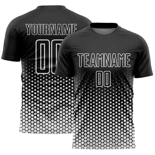 Custom Black-White Geometric Hexagonal Dot Gradient Sublimation Soccer Uniform Jersey - Main View