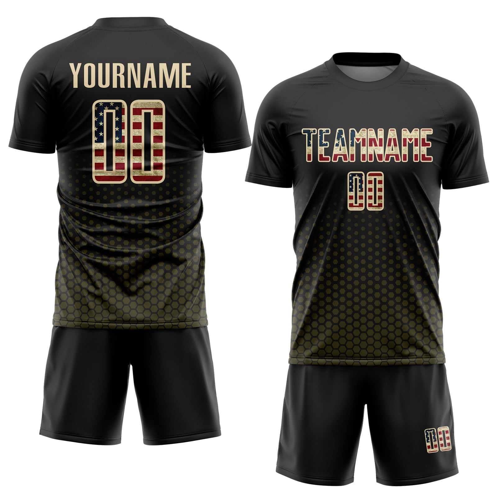 Custom Black Vintage USA Flag Olive-Cream Geometric Hexagonal Dot Gradient Sublimation Soccer Uniform Jersey view 2