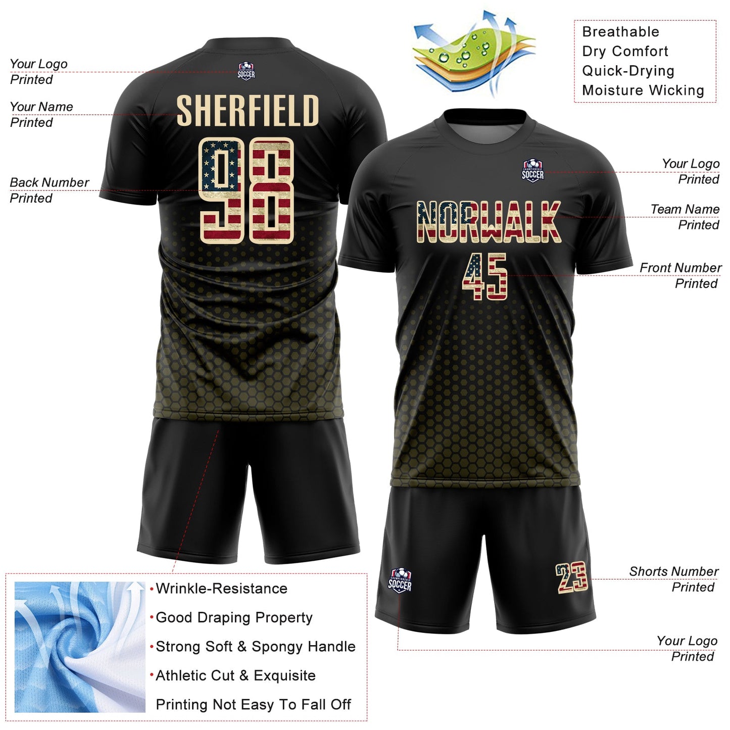 Custom Black Vintage USA Flag Olive-Cream Geometric Hexagonal Dot Gradient Sublimation Soccer Uniform Jersey view 4