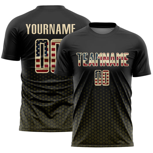 Custom Black Vintage USA Flag Olive-Cream Geometric Hexagonal Dot Gradient Sublimation Soccer Uniform Jersey - Main View