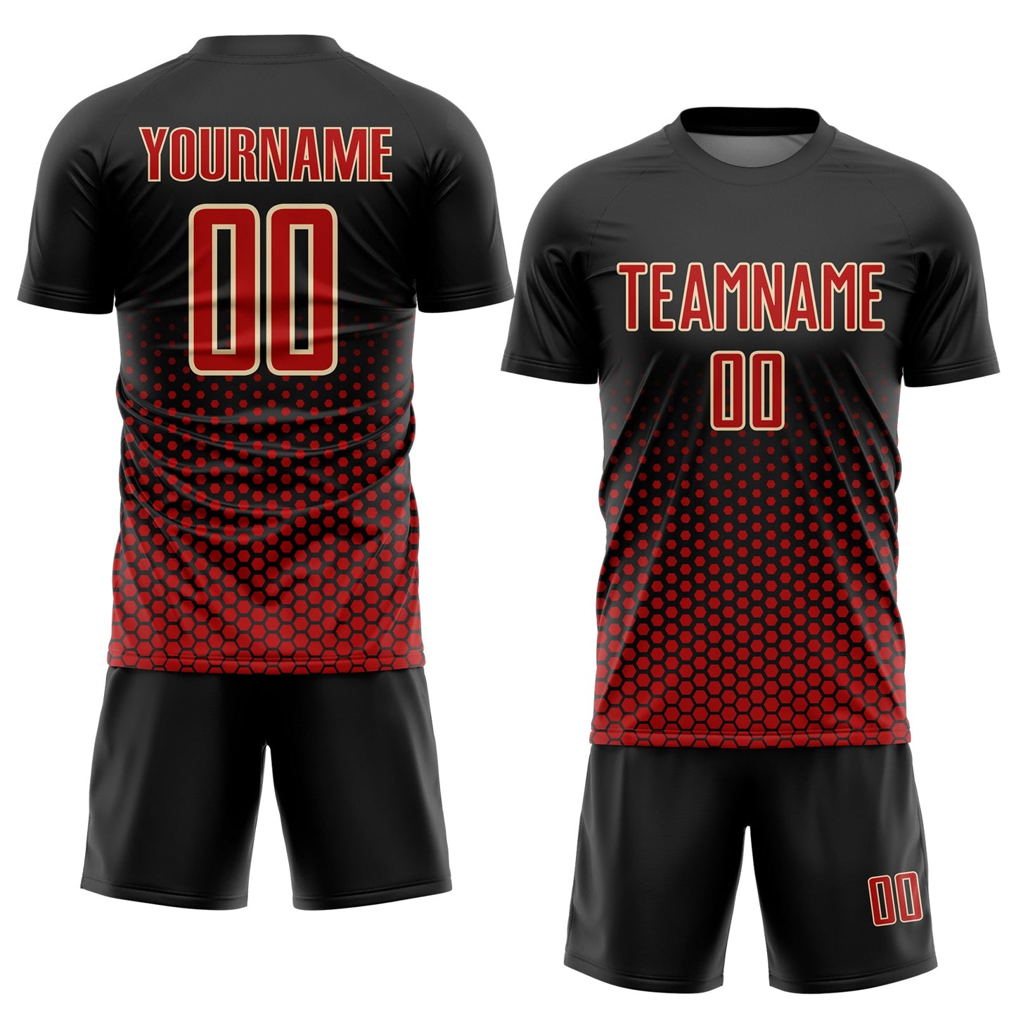 Custom Black Red-Cream Geometric Hexagonal Dot Gradient Sublimation Soccer Uniform Jersey view 2