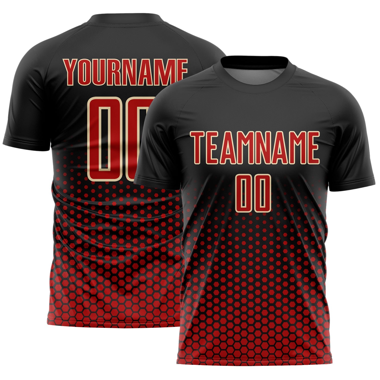 Custom Black Red-Cream Geometric Hexagonal Dot Gradient Sublimation Soccer Uniform Jersey - Main View