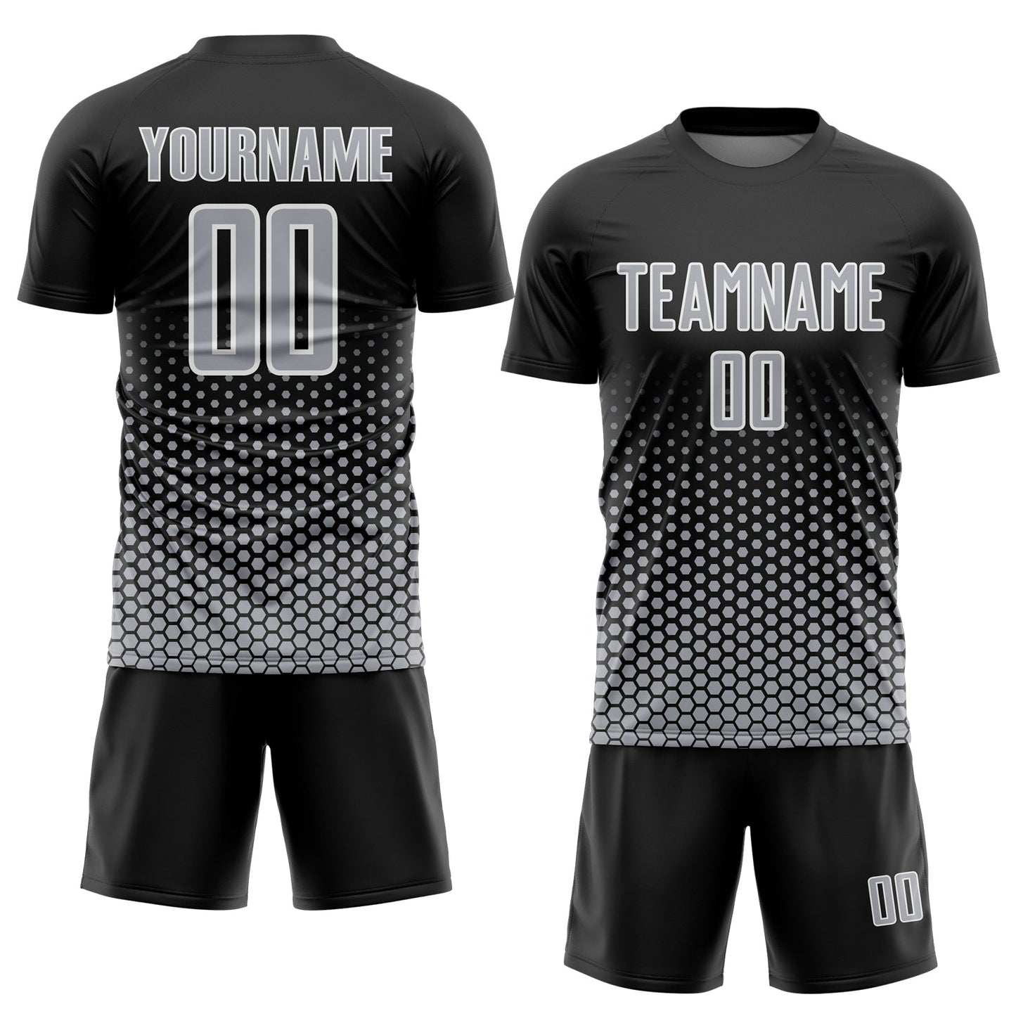 Custom Black Gray-White Geometric Hexagonal Dot Gradient Sublimation Soccer Uniform Jersey view 2
