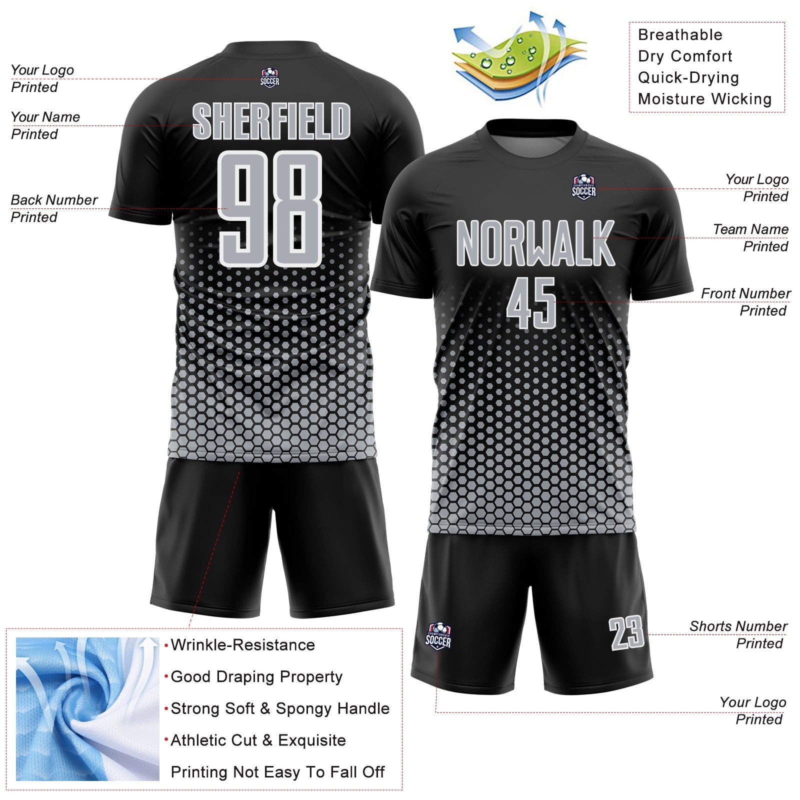 Custom Black Gray-White Geometric Hexagonal Dot Gradient Sublimation Soccer Uniform Jersey view 4