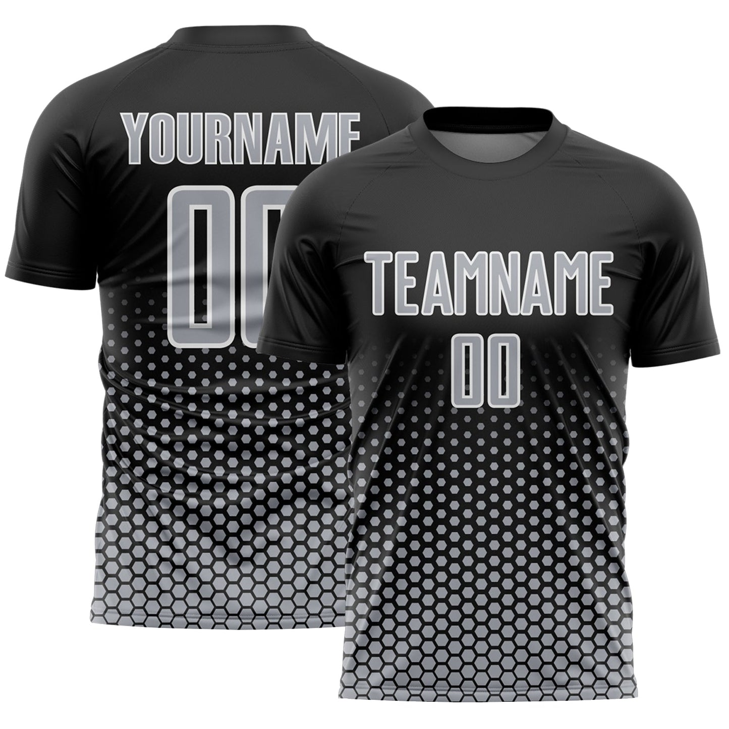 Custom Black Gray-White Geometric Hexagonal Dot Gradient Sublimation Soccer Uniform Jersey - Main View