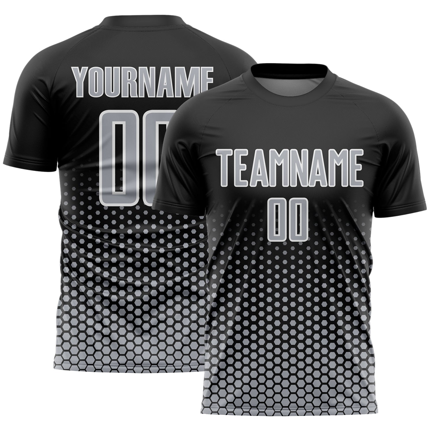 Custom Black Gray-White Geometric Hexagonal Dot Gradient Sublimation Soccer Uniform Jersey - Main View