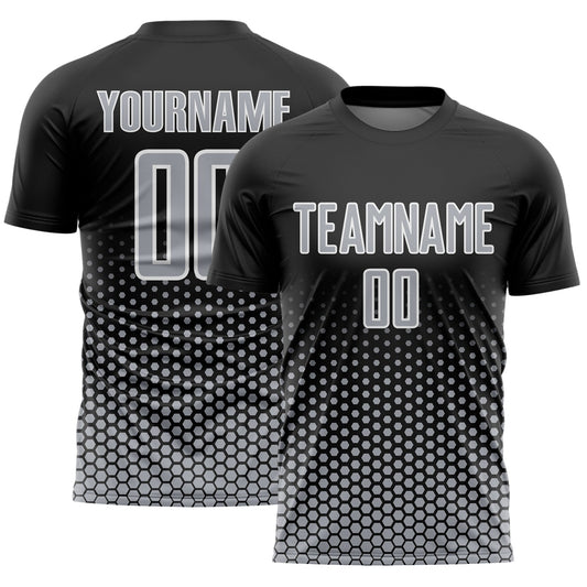 Custom Black Gray-White Geometric Hexagonal Dot Gradient Sublimation Soccer Uniform Jersey - Main View