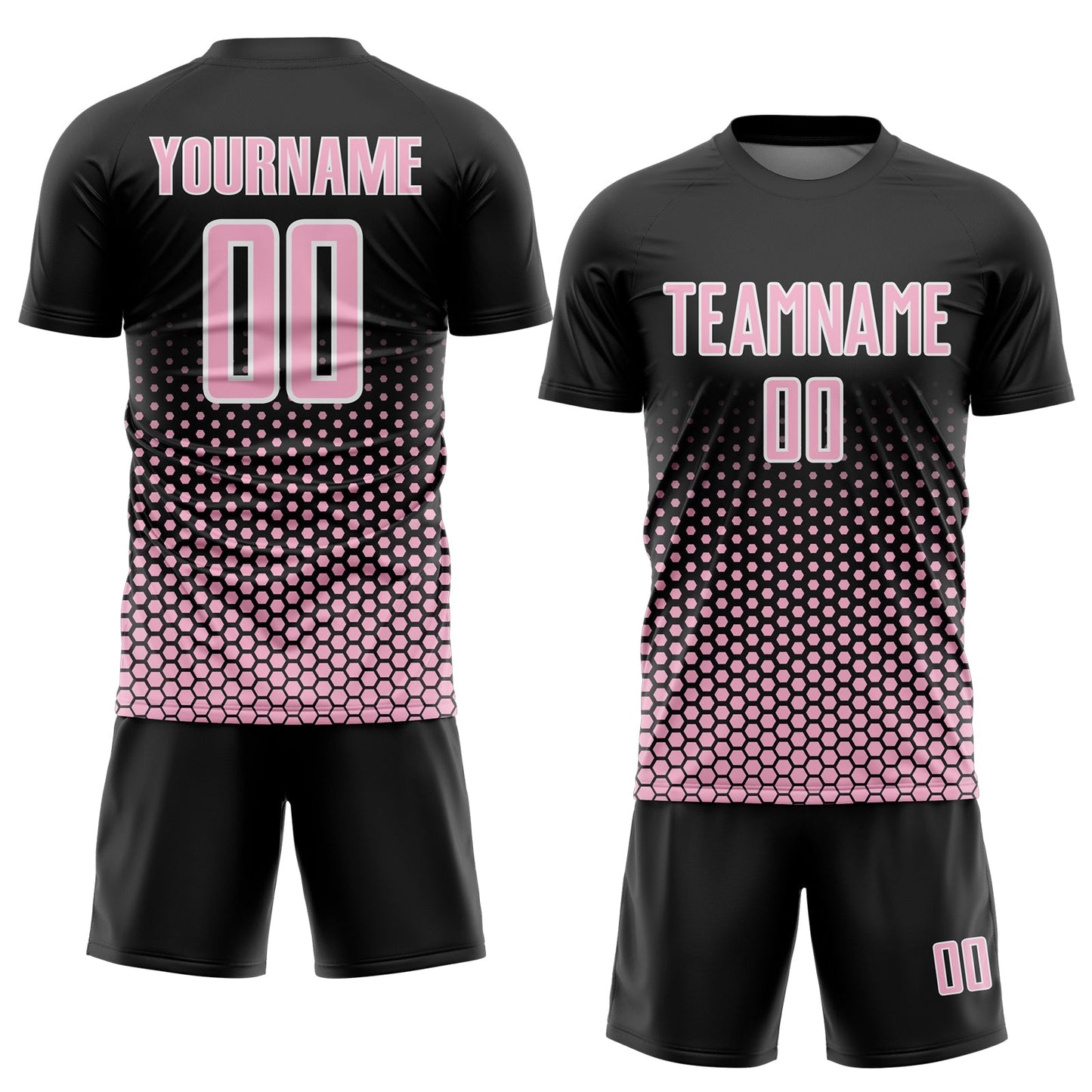 Custom Black Light Pink-White Geometric Hexagonal Dot Gradient Sublimation Soccer Uniform Jersey view 2