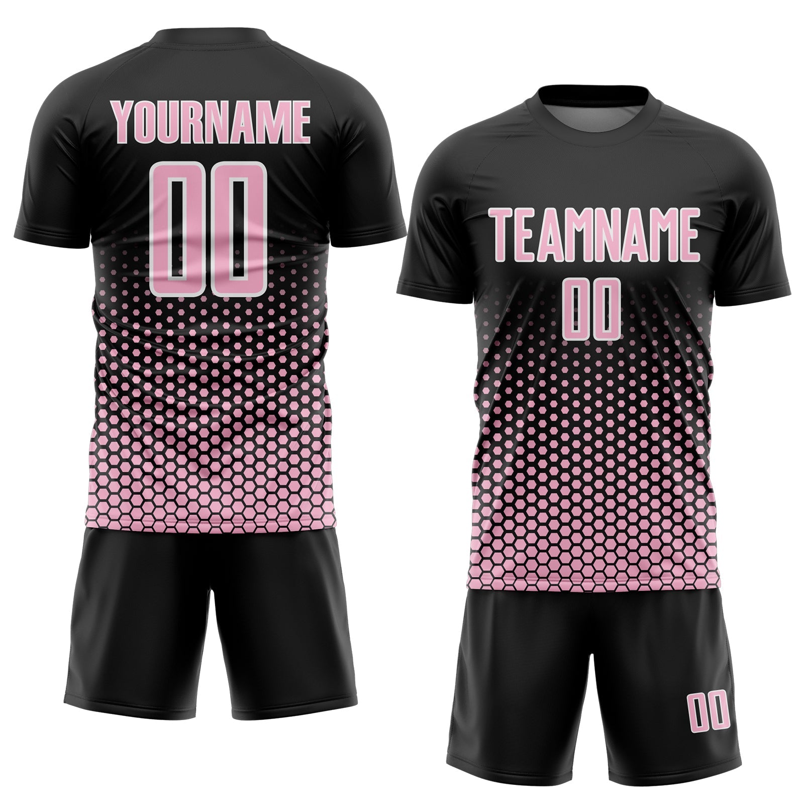 Custom Black Light Pink-White Geometric Hexagonal Dot Gradient Sublimation Soccer Uniform Jersey view 2