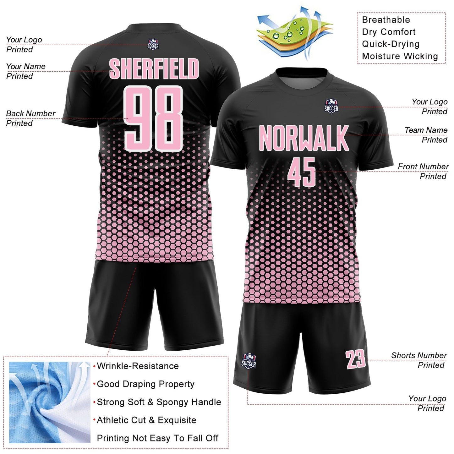 Custom Black Light Pink-White Geometric Hexagonal Dot Gradient Sublimation Soccer Uniform Jersey view 4
