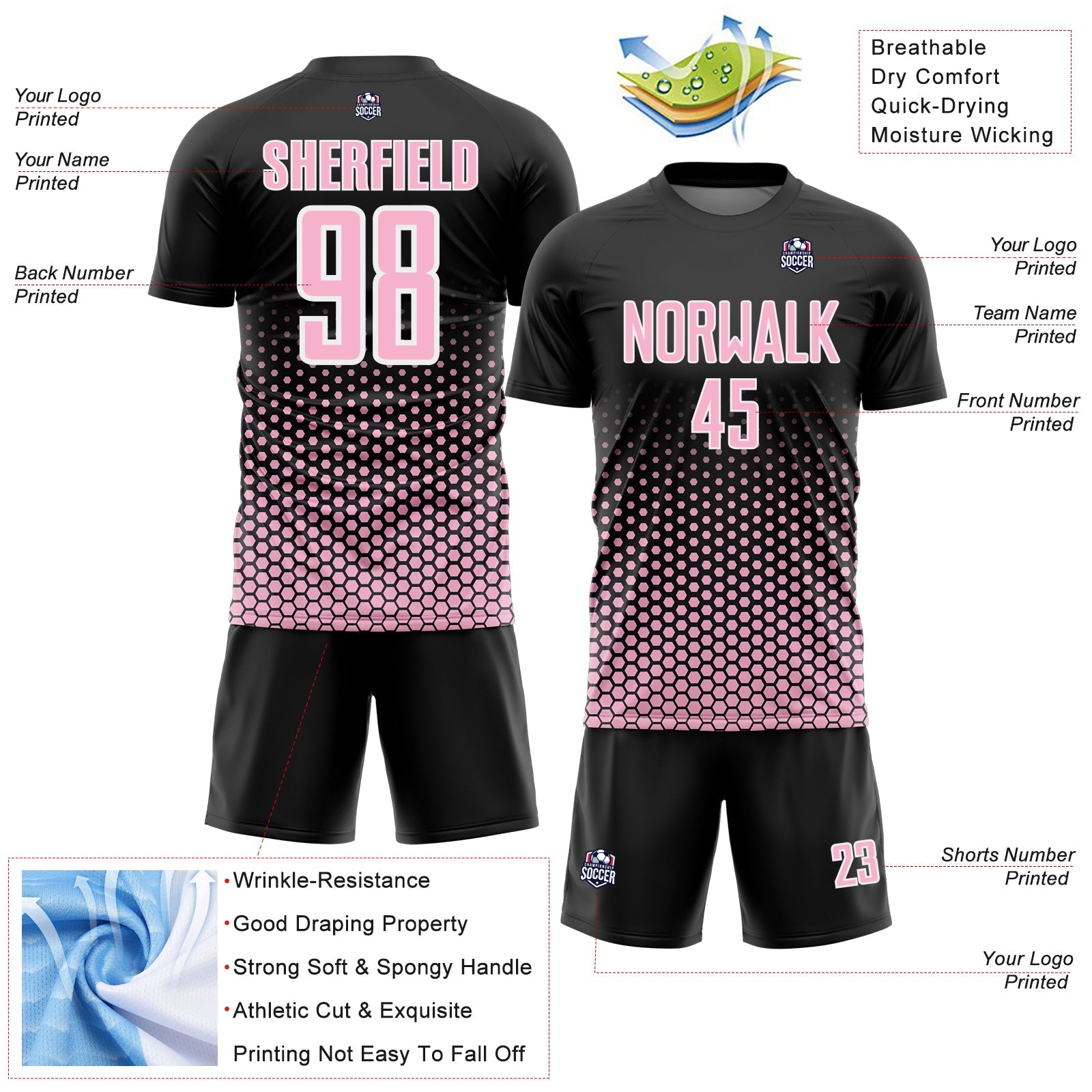 Custom Black Light Pink-White Geometric Hexagonal Dot Gradient Sublimation Soccer Uniform Jersey view 4