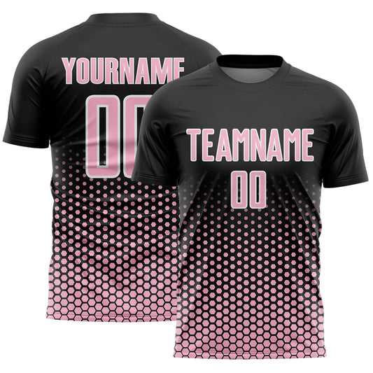 Custom Black Light Pink-White Geometric Hexagonal Dot Gradient Sublimation Soccer Uniform Jersey - Main View