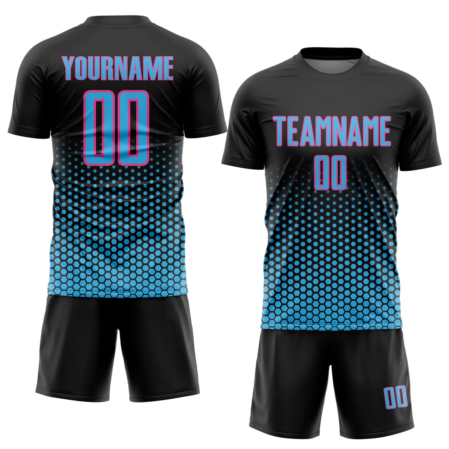 Custom Black Sky Blue-Pink Geometric Hexagonal Dot Gradient Sublimation Soccer Uniform Jersey view 2