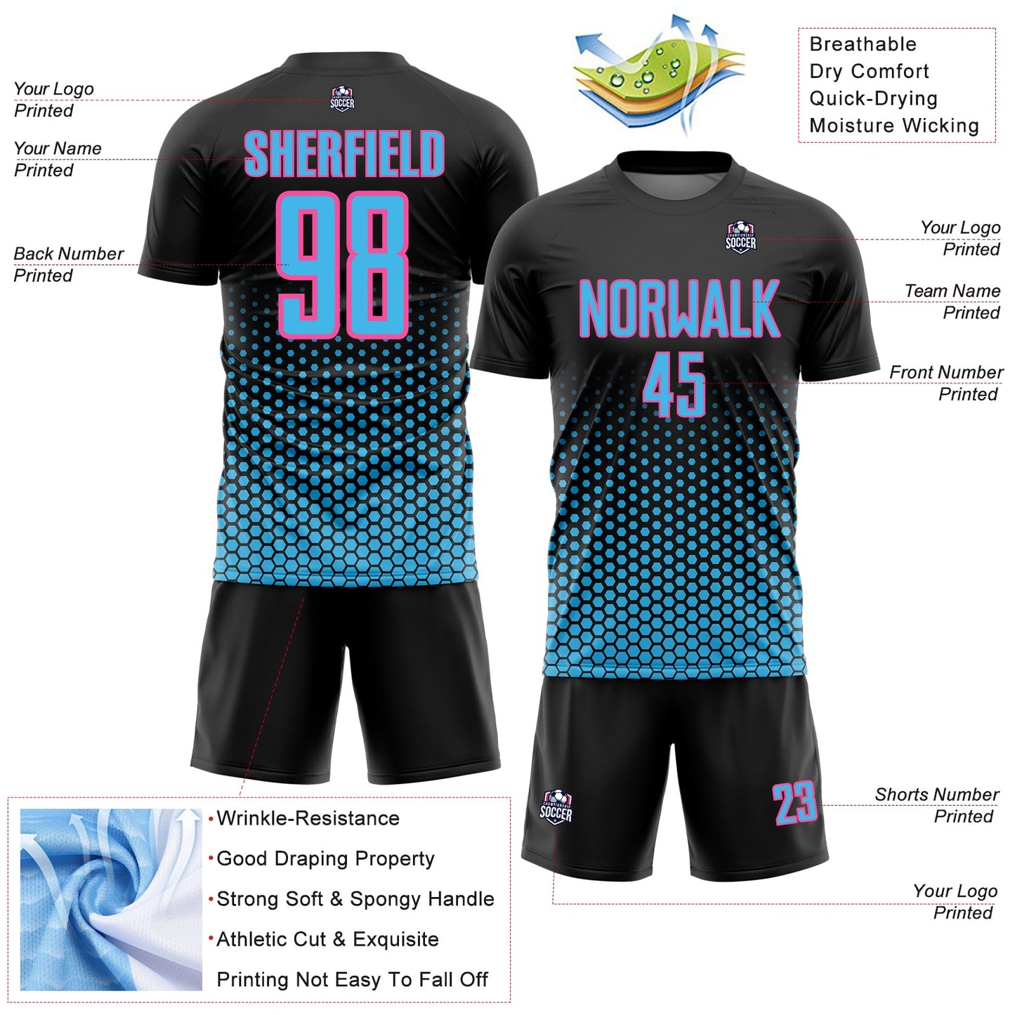 Custom Black Sky Blue-Pink Geometric Hexagonal Dot Gradient Sublimation Soccer Uniform Jersey view 4