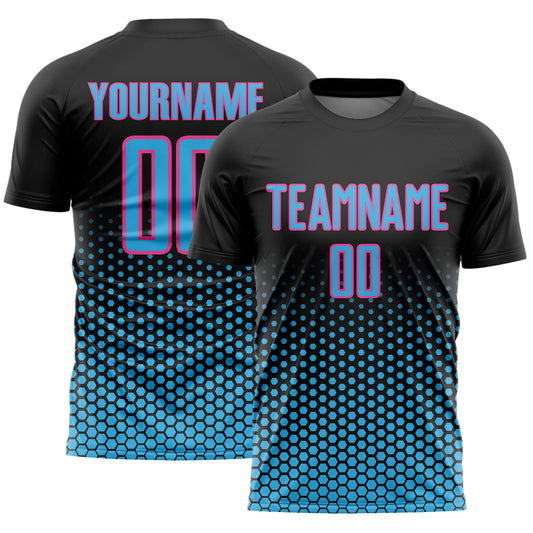 Custom Black Sky Blue-Pink Geometric Hexagonal Dot Gradient Sublimation Soccer Uniform Jersey - Main View