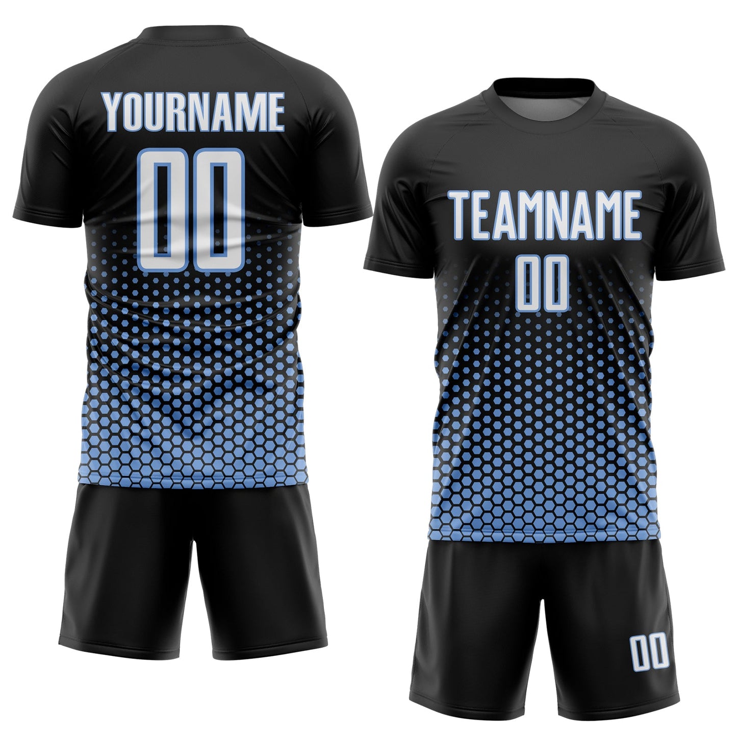 Custom Black White-Light Blue Geometric Hexagonal Dot Gradient Sublimation Soccer Uniform Jersey view 2