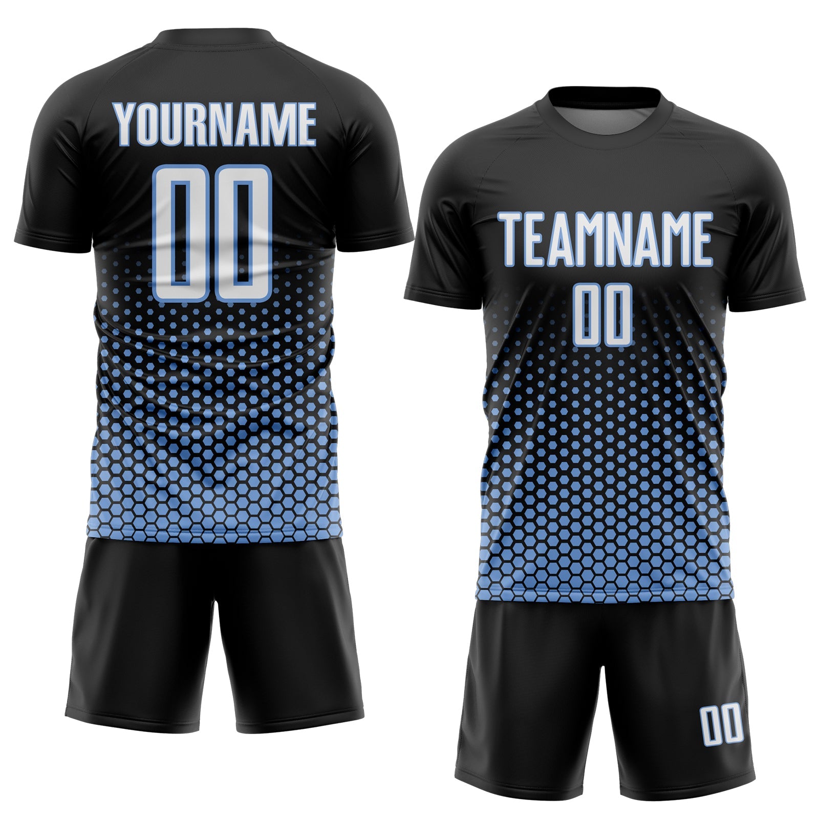 Custom Black White-Light Blue Geometric Hexagonal Dot Gradient Sublimation Soccer Uniform Jersey view 2