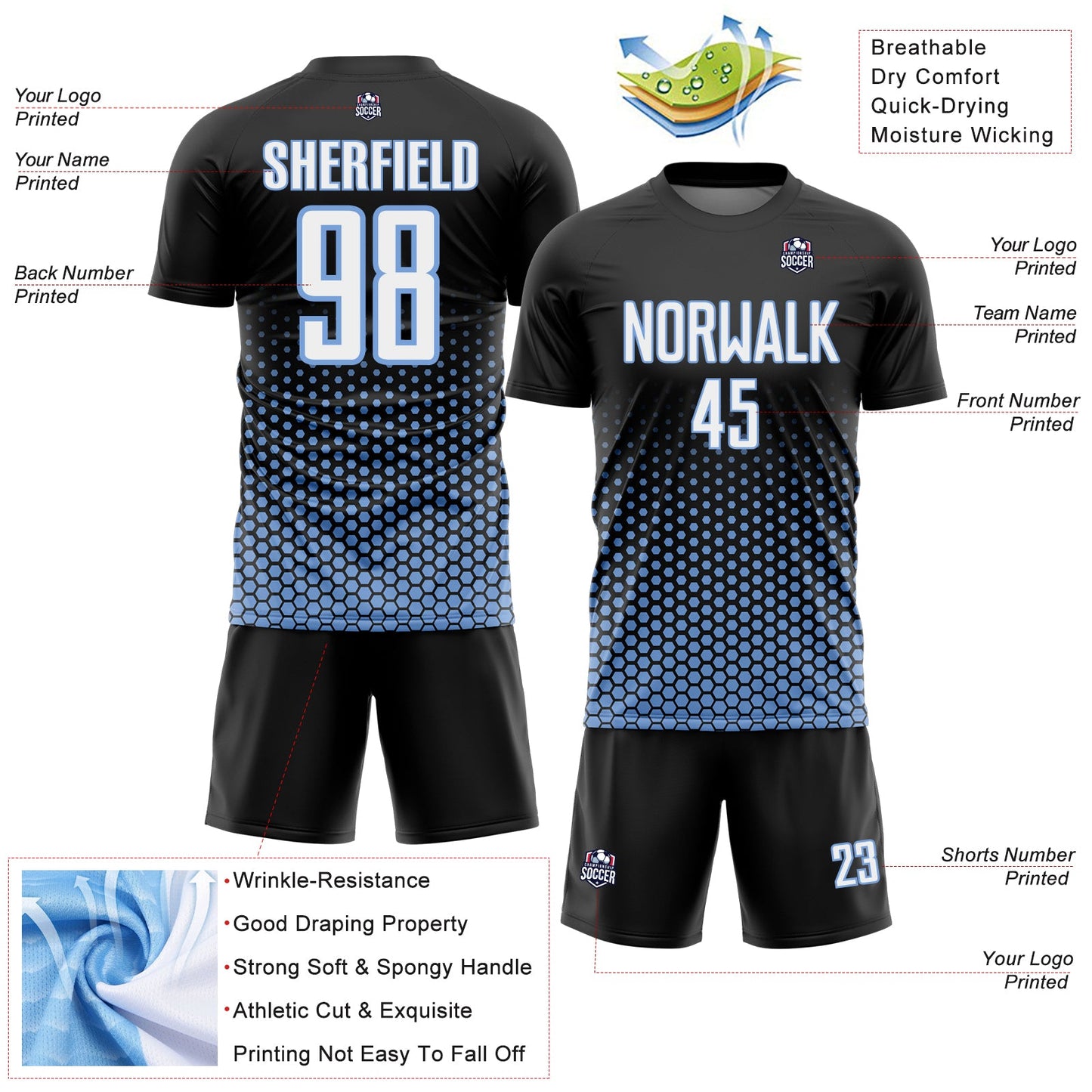Custom Black White-Light Blue Geometric Hexagonal Dot Gradient Sublimation Soccer Uniform Jersey view 4