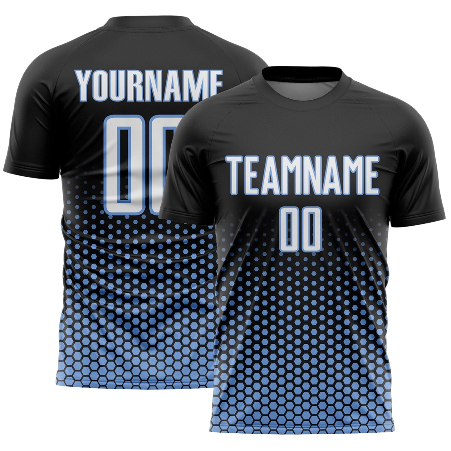 Custom Black White-Light Blue Geometric Hexagonal Dot Gradient Sublimation Soccer Uniform Jersey - Main View