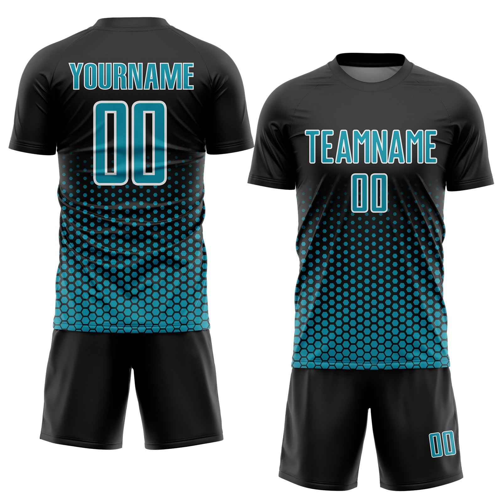 Custom Black Teal-White Geometric Hexagonal Dot Gradient Sublimation Soccer Uniform Jersey view 2