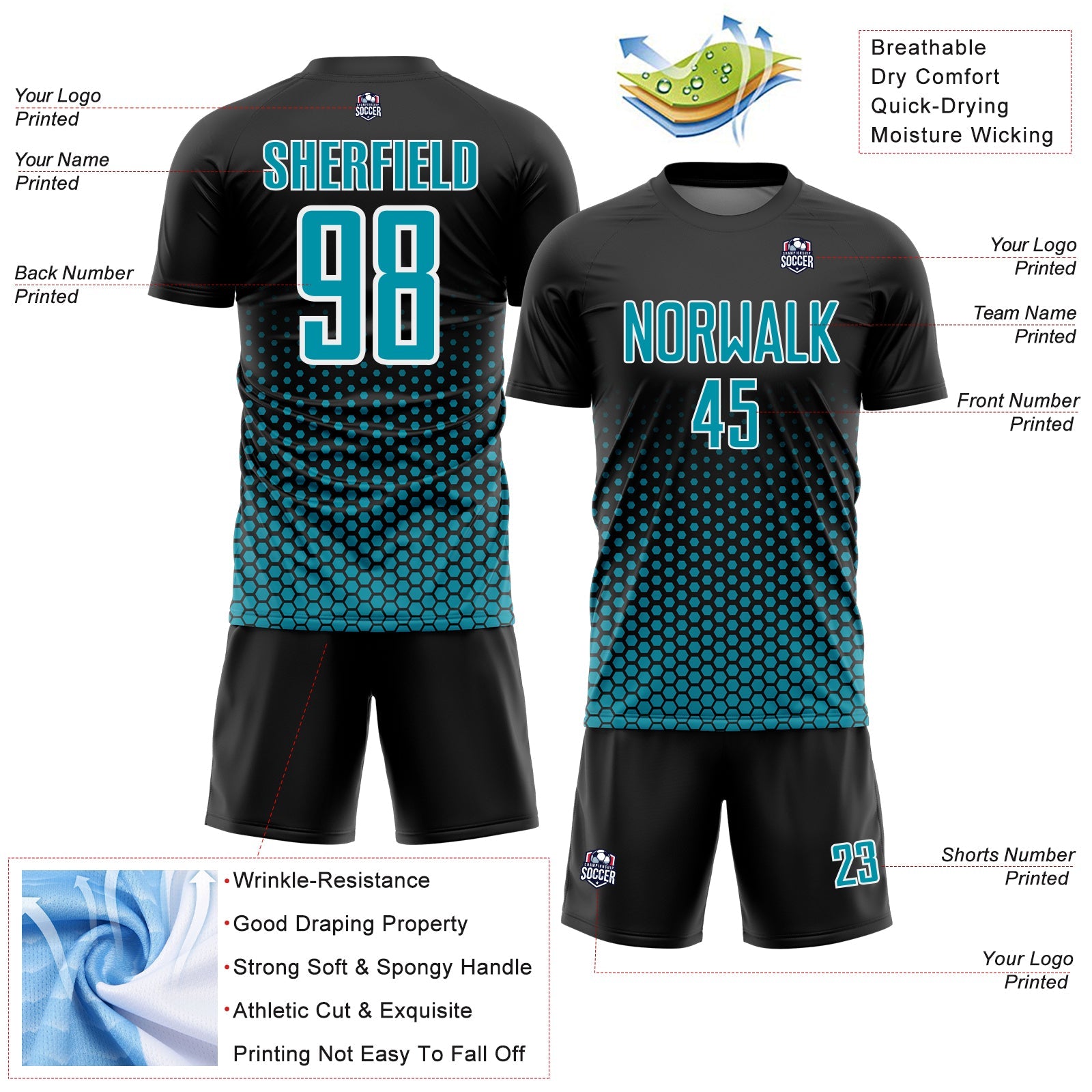 Custom Black Teal-White Geometric Hexagonal Dot Gradient Sublimation Soccer Uniform Jersey view 4